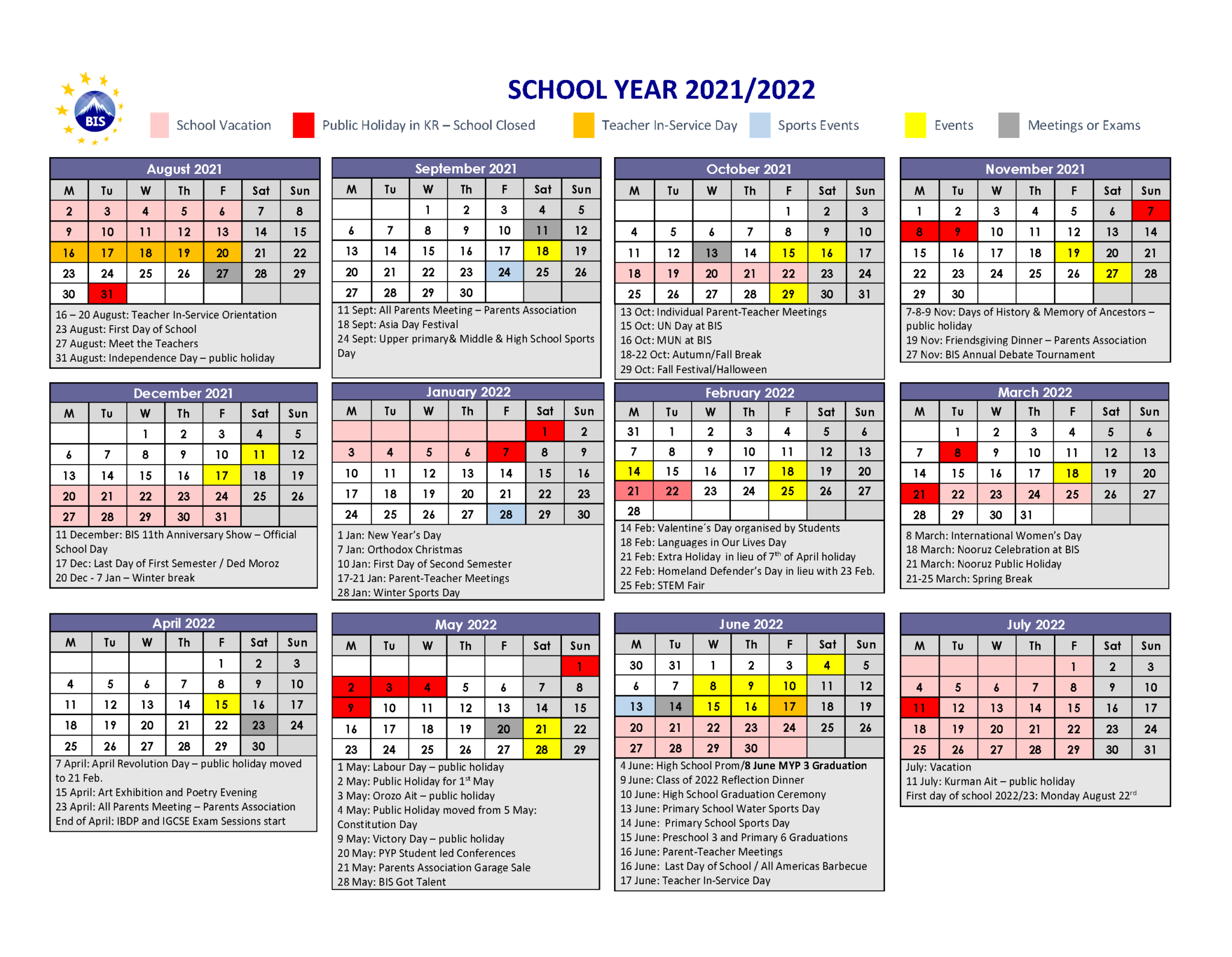 Calendar Bishkek International School